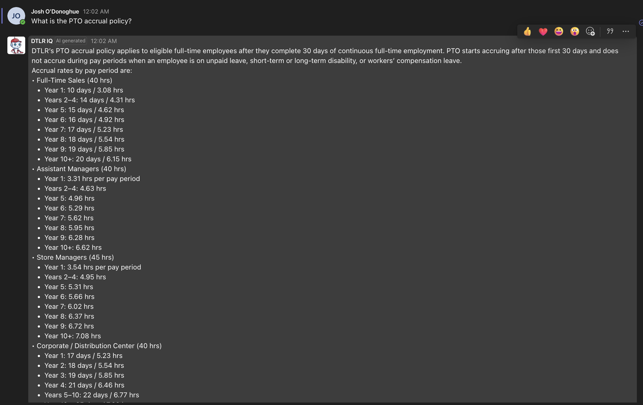 <strong>DTLR IQ in Teams &mdash; PTO Policy:</strong> Natural language question gets an instant cited answer with full breakdown by role and tenure. Pulled from the Employee Handbook via RAG vector search.